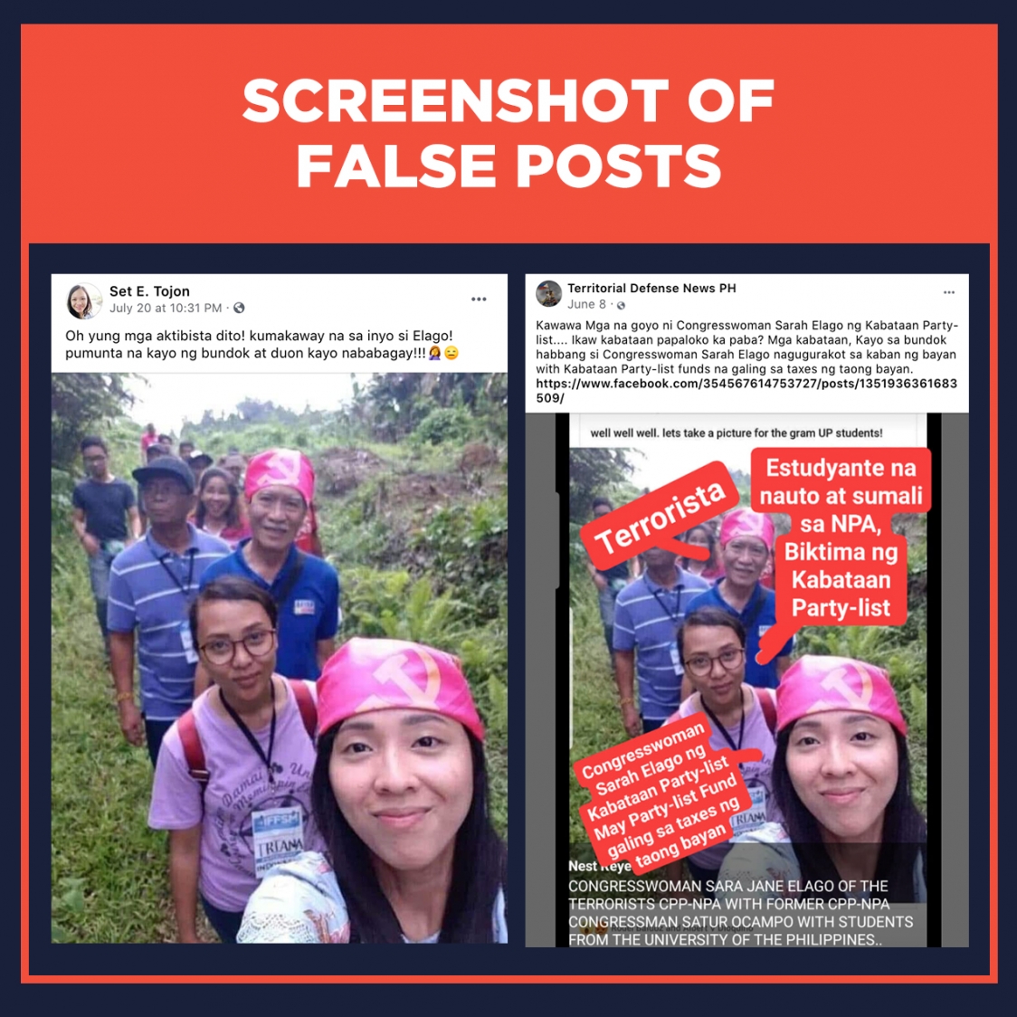 Screenshots of false posts claiming Sarah Elago wears hammer-and-sickle bandana