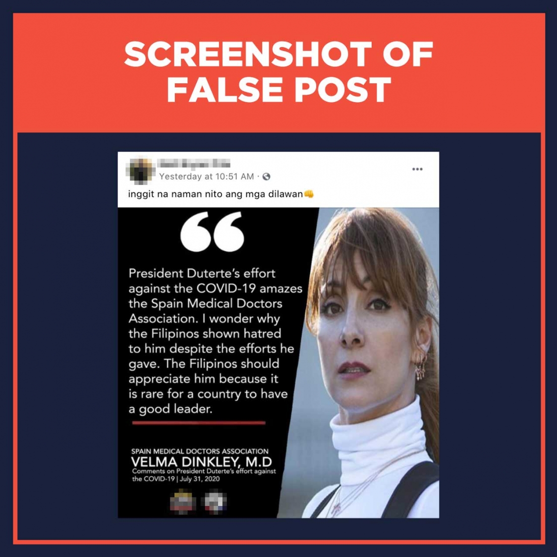 Screenshot of false post Spain Medical Doctors Association fake quote