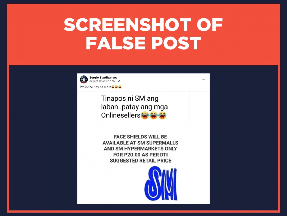 Screenshot of false post fake SM advisory on face shield price