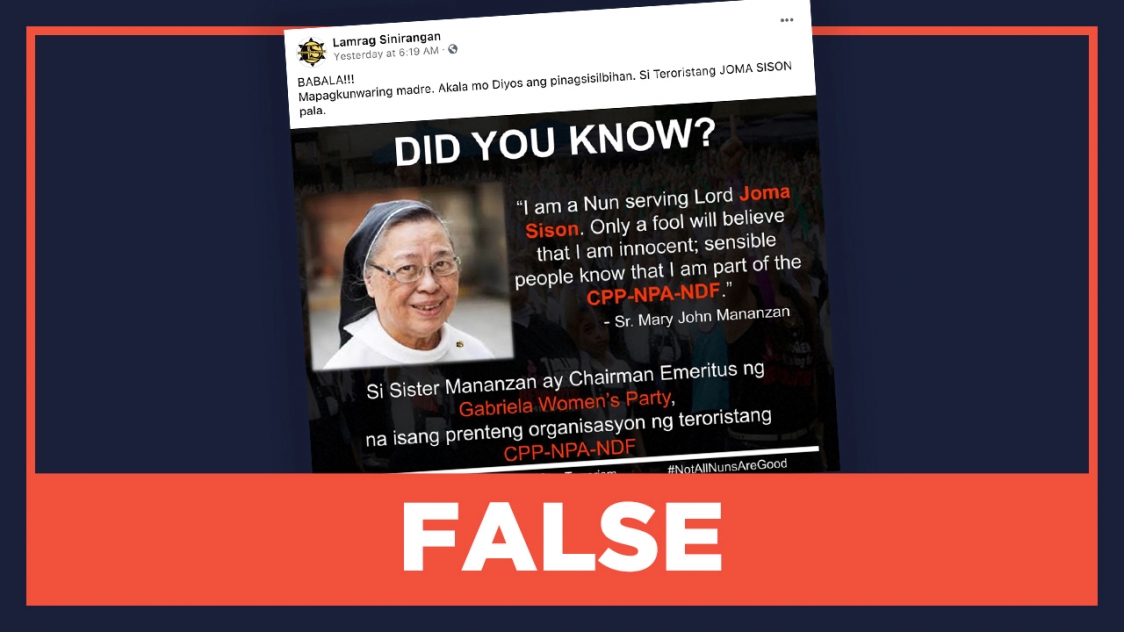 FALSE: Sister Mary John Mananzan quote on serving Joma Sison