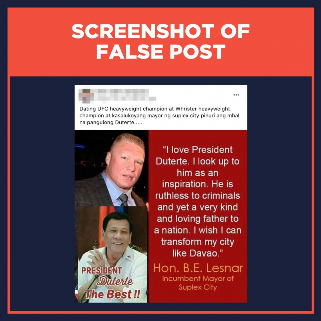 Screenshot of false post Brock Lesnar quote on Duterte
