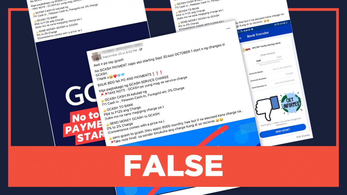 FALSE: GCash 'Send Money' and bank transfer fees starting October 1