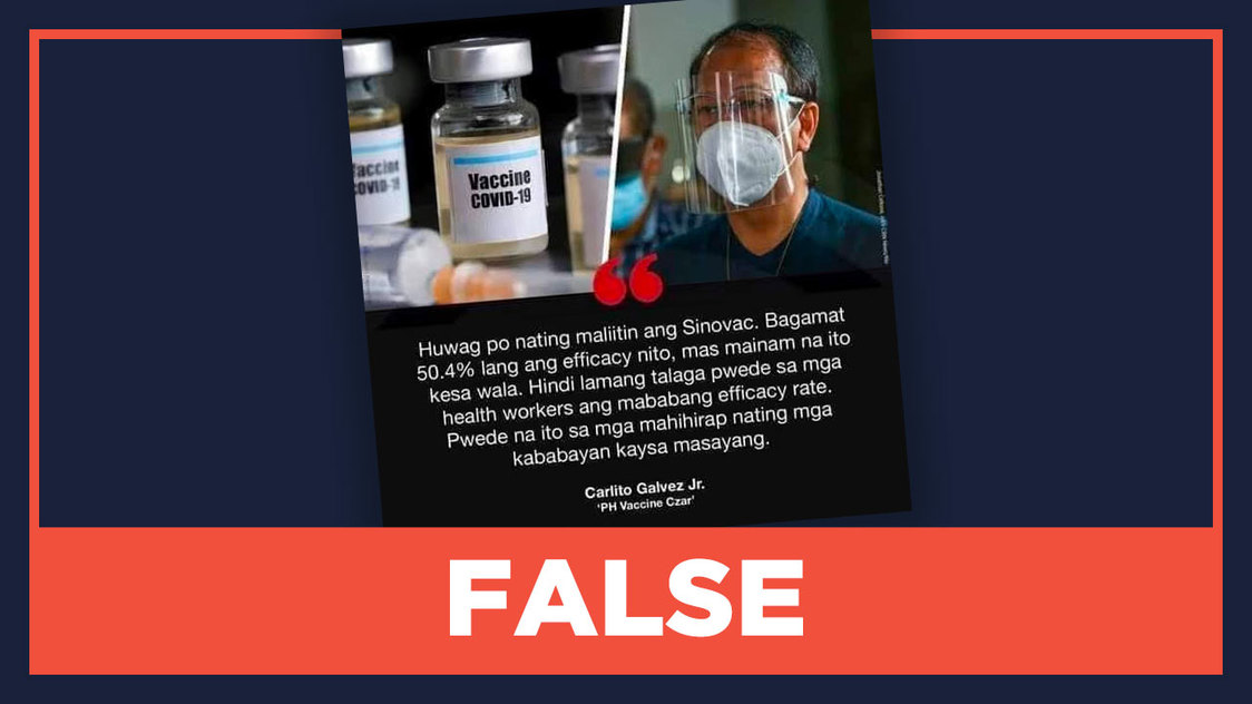 FALSE: Galvez says Sinovac vaccine good enough for poor Filipinos