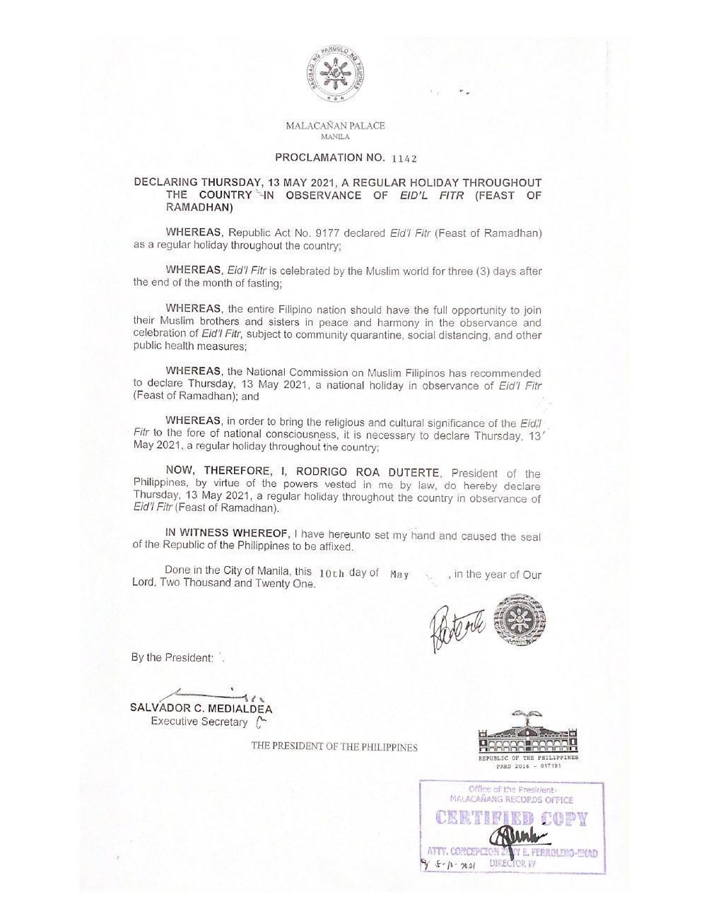 Duterte declares May 13 Eid'l Fitr holiday