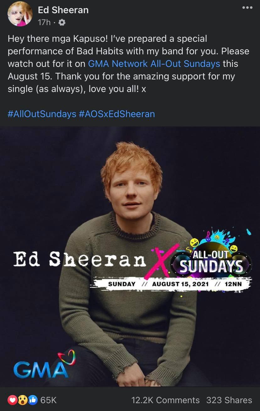 Ed Sheeran To Perform On All Out Sundays On August 15