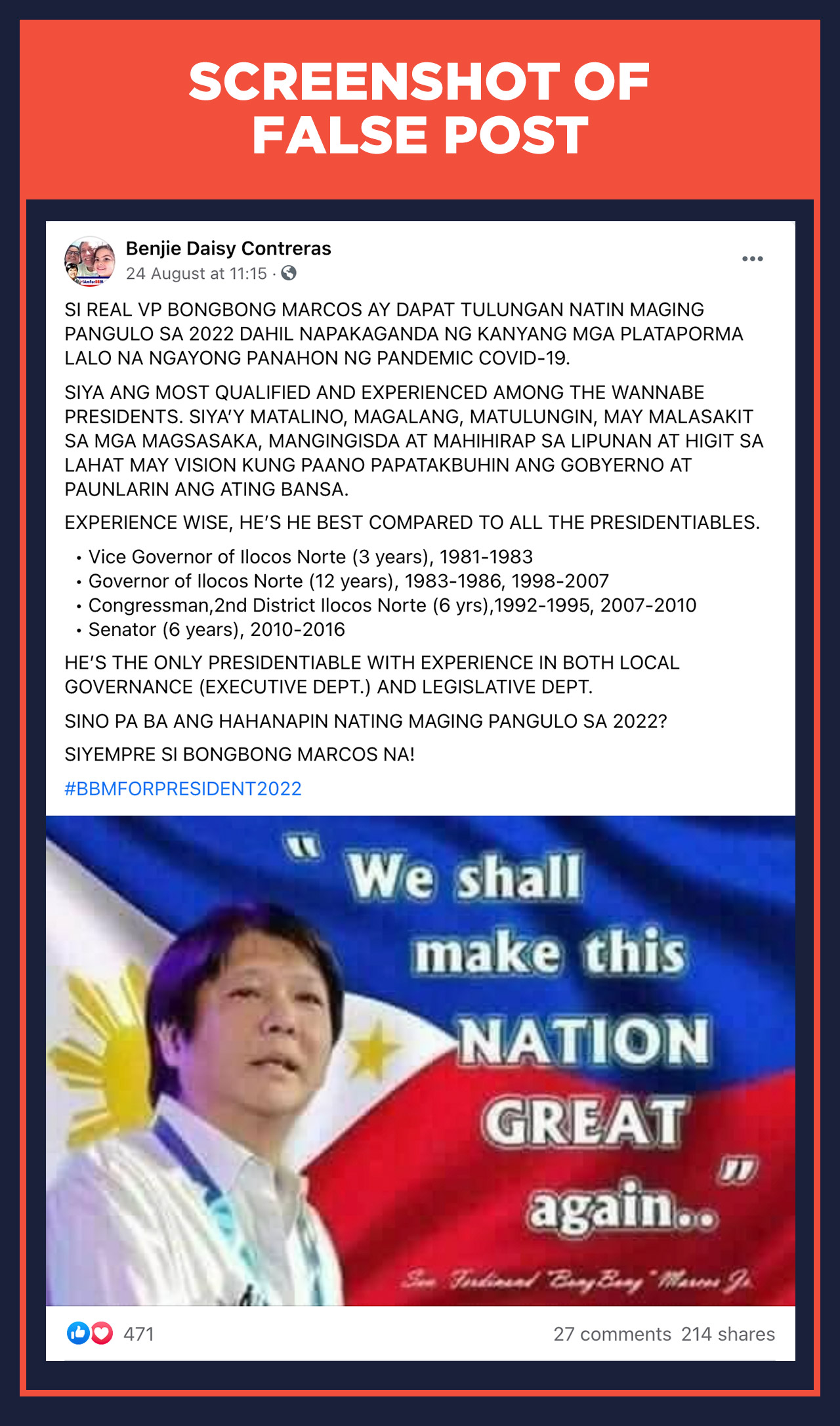 False Bongbong Marcos Is Lone Presidentiable With Local Lawmaking Experience
