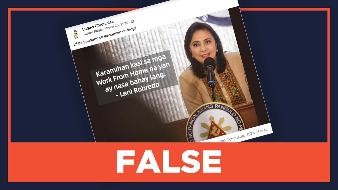 FALSE: Robredo's quote on Filipinos working from home - Vimarsana News